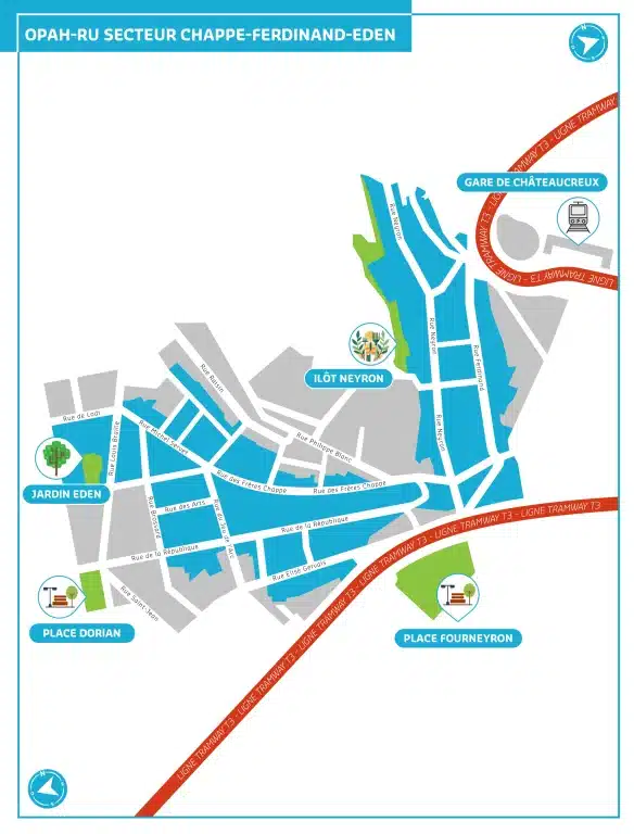 OPAH-RU : la carte du périmètre d'intervention de l'EPASE dans les quartiers de Chappe-Ferdinand-Eden dans le centre-ville de Saint-Étienne.